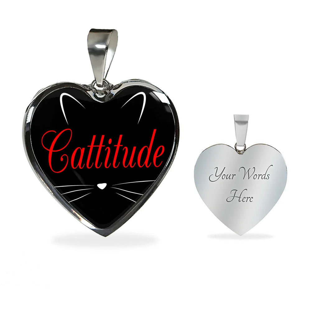 Cat Lover Necklace Catitude Personalized Engraved Silver Heart Necklace Custom